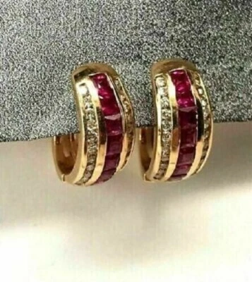 2.60Ct Lab-Created Ruby Clip On Huggie Hoop Earrings 14K Yellow Gold Plated - Image 1 of 4