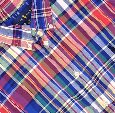 Ralph Lauren 男孩特大号 18 - 20 红色马德拉斯格子纽扣短袖衬衫 — 第 1/4 张图片