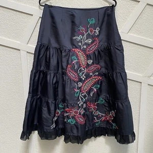 100% Silk Midi Skirt Carole Little Sz 10 A-line Floral Embroidered Tiered Boho - Bild 1 von 11