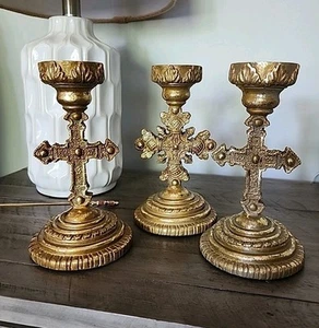 3er Set Vintage Kreuz Windlichthalter Gold Resin Barock Gothic Design Glas Tasse - Bild 1 von 15