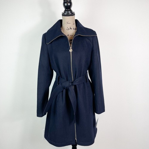 Cappotto donna Michael Kors nuovo con etichetta cravatta vita zip davanti lana blu navy taglia M