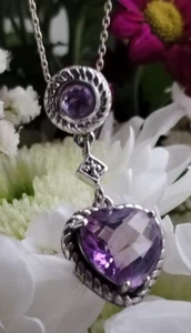 925 Silber Halskette Karoschliff Stil CZ Herzform Lavendel Tropfen Anhänger - Bild 1 von 6