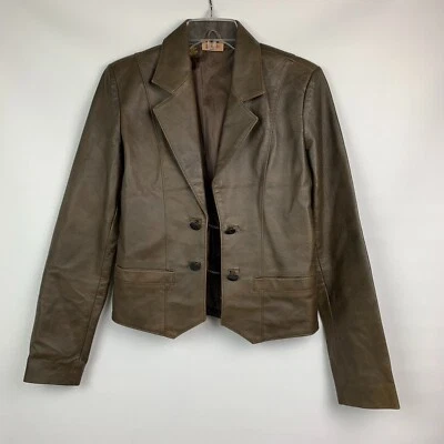 Wrangler Jacket Brown Leather Collared Chain Buttons Pockets Lined Size S - Image 1 of 4