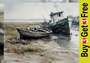 Abandoned Fishing Boats 16"x12" Print on Matte Paper | Atmospheric Coastal Art - Picture 1 of 17