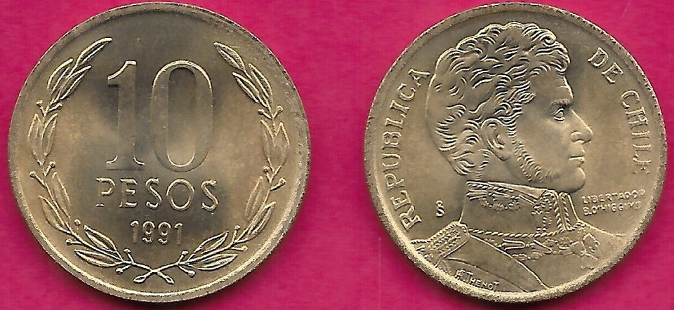 CHILE 10 PESOS 1991 UNC BERNARDO O'HIGGINS FACING RIGHT,MINTMARK TO THE LEFT,Scr - Image 1 of 1