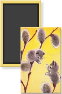 Graue Kätzchen Katzen auf Muschi Willow Tree Vintage Illustration 2 x 3 Kühlschrankmagnet - Bild 1 von 4