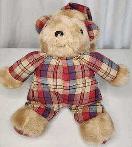 Vintage Teddy Bear Plush In Plaid Red Pajamas And Hat 15" - Picture 1 of 10