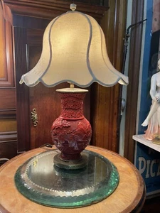 VintageRepublican Era Carved Cinnabar Lacquer China Lamp Period Shade Silk c1920 - Picture 1 of 19
