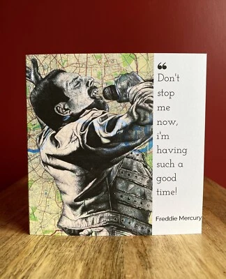 THE ART OF THE NORTH Freddie Mercury Birthday Greeting Card .Pen Drawing Over Map. Blank Inside