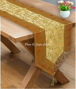 Indian Gold Dining Table Runner Brocade Party Wedding Decor Cloth Table Cover - Picture 1 of 5