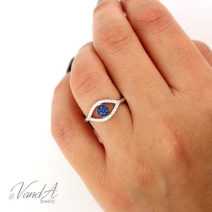 Anillo de Mal de Ojo de Plata Esterlina 925 con Anillo de Banda Circonial Elegante Azul y Claro R21 - Imagen 1 de 4