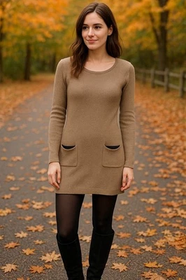 Alyx ребристый вязаный свитер платье туника бежевый длинным рукавом карманы женщин XL - Изображение 1 из 4