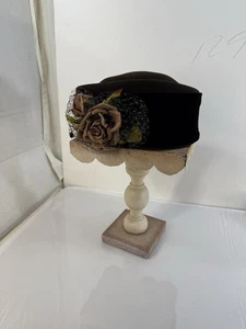 Hopeless Romantic Pillbox Wool Hat Flapper Victorian Womens Flowers Netting - Picture 1 of 17