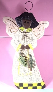 VTG Black Angel Statue Figure Wood Hand Painted Primitive Folk Art Cottage Core - Picture 1 of 8