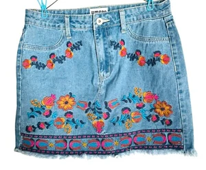 Umgee Womens Embroidered Denim Skirt Distressed Hem M Cottage Core Hippie Boho - Picture 1 of 9