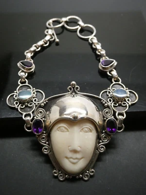 Brazalete de piedras preciosas Sajen de plata de ley 925 cara amatista y ópalo (sin firmar) 7,5" Foto 1 de 4