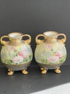 Vintage Antique Pair Nippon Handpainted Two Handle Pillow Vase Pink Flowers - Picture 1 of 16