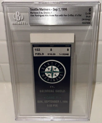 A Rod Hits HR con Ken Griffey Jr Bate Seattle Mariners BGS 6 talón de boleto 9/1/96 Foto 1 de 4