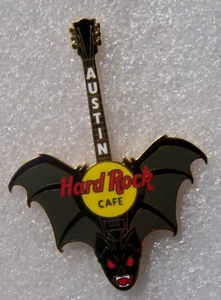 AUSTIN TEX FLYING VAMPIRE BAT WINGS HALLOWEEN GUITAR RED EYES Hard Rock Cafe PIN - Picture 1 of 1
