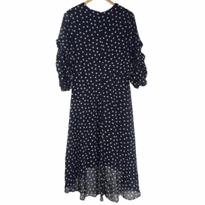 Emma & Michele Hi Low Dress Navy Blue Polka Dot V Neck Women Size 8 Puff Sleeve - Picture 1 of 5
