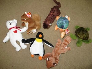 GREAT Lot of 7 Ty Beanie Babies Peekaboo, Runner, Nuts, penguin, Valentino, Sly+ - Picture 1 of 1