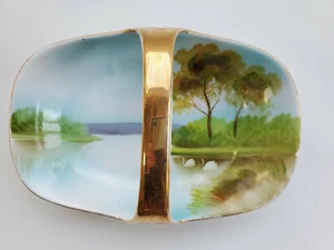 Noritake hand painted Basket, Candy Dish with Handle, Lake, Swans, Trees, Gold - Picture 1 of 9