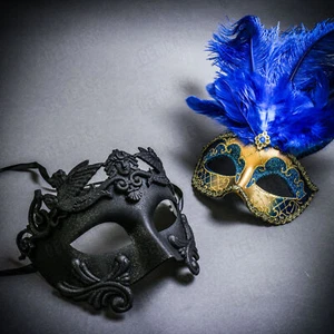 Black Roman Warrior & Gold MardiGras Eye Mask w/ Top Blue Feather Couple Masks - Picture 1 of 1