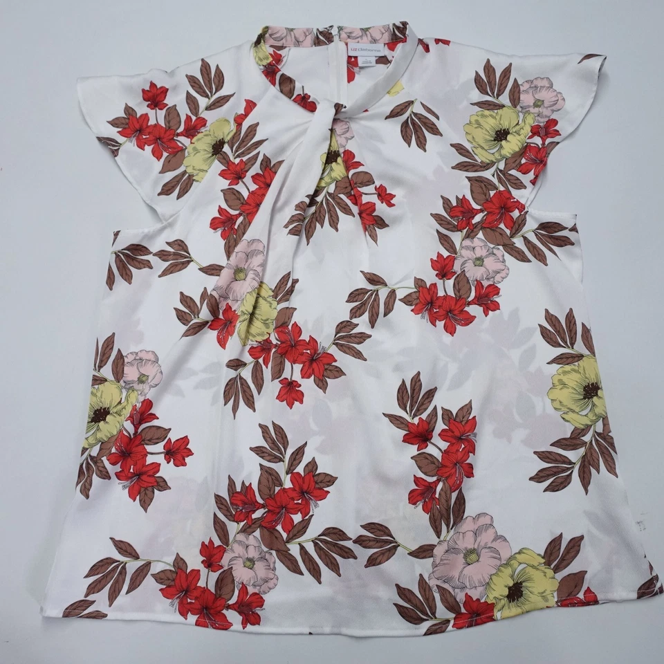 Liz Claiborne Blouse Women's Large White Floral Polyester Cap Sleeve Twist Neck - Image 1 of 4