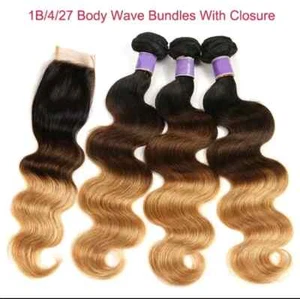 12A MALASIA 3 TONOS OMBRE 1B/4#/27# BODY WAVE 20+20+20&18 PULGADAS CIERRE ENCAJE 350g - Imagen 1 de 9
