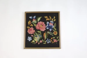 Vintage Gold Framed Completed Needlepoint Tapestry Flowers Floral 13” X 14” - Picture 1 of 6