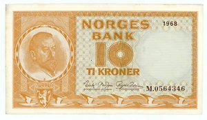 Norway.. P-31d...10 Kroner ... 1968 ...*Ch XF-AU* ... Prefix "M" - Picture 1 of 2