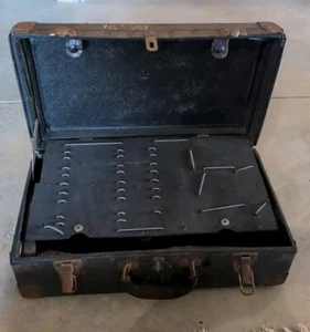 Antique Travel Black Case Salesman Suitcase Briefcase Storage  - Picture 1 of 9