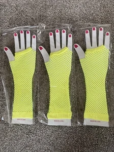 THREE PAIRS LONG FISHNET FINGERLESS GLOVES FANCY DRESS/STEAMPUNK/PARTY YELLOW - Picture 1 of 1