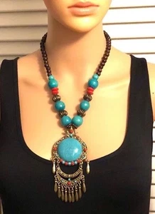 Brass Dangle Resin Turquoise Pendant Brown Red Metal Beads Necklace 20” - Picture 1 of 7
