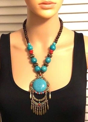 Brass Dangle Resin Turquoise Pendant Brown Red Metal Beads Necklace 20” - Image 1 of 4