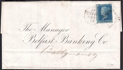 1855 SG45 2d AZUL LC P14 PLACA 9 EN CUBIERTA IRLANDESA BELFAST TO BALLYMONEY (PK) Foto 1 de 3
