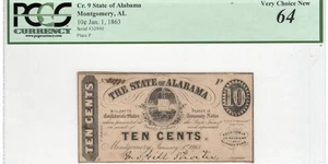 ALABAMA 1863 Montgomery Civil War State 10c Obsolete Banknote Currency, PCGS 64 - Picture 1 of 4
