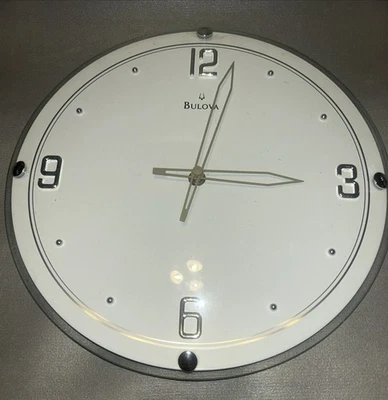 BULOVA C1503 Contemporary Wall Clock White Face Glass Silver Numbers Watch Face - Image 1 of 4