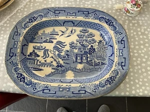 Blue & White WILLOW PATTERN MEAT PLATE, Late Victorian - 13in - Picture 1 of 2