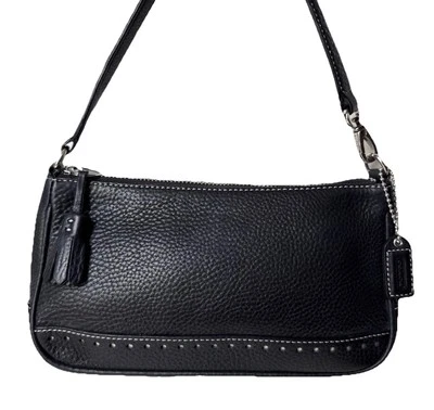 Coach Hamptons Baguette Hobo Shoulder Bag Pebbled Black Leather Handbag # 9860 - Image 1 of 4