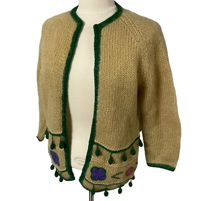 Cárdigan Suéter Vintage Años 70 Albergo Lana Floral y Pom Pom Amarillo Mantequilla Foto 1 de 4