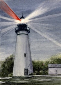 Luces nocturnas de faro de Amelia Island, Florida. Impresiones en acuarela de Gerald Hill - Imagen 1 de 2