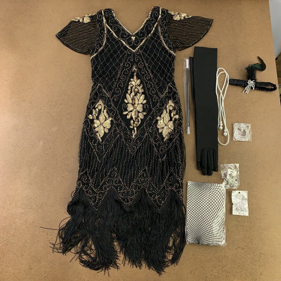 女式小号黑色和金色亮片条纹飘逸连衣裙和配件套装 9 件 — 第 1/4 张图片