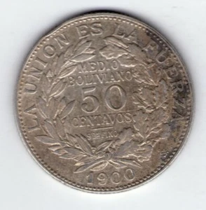 Bolivia Silver 50 Centavos 1900 Santiago Mint KM 175.2 - Picture 1 of 2
