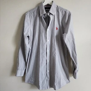 US POLO ASSN Pinstripe Gray White Stripe Shirt Mens 15 32-33 Cotton Long Sleeve - Picture 1 of 20