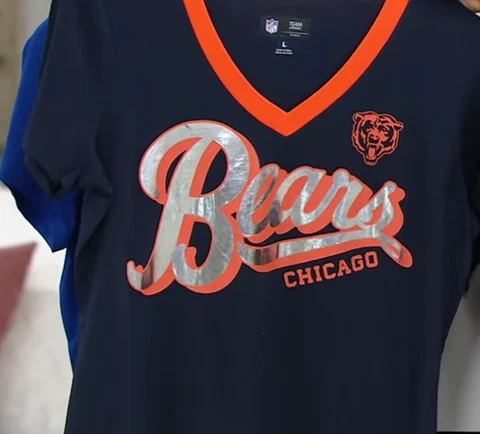 NFL CHICAGO BEARS Ladies SHORT SLEEVE SILVER Foil SHIRT Size S - XL V NECK BLUE Cover