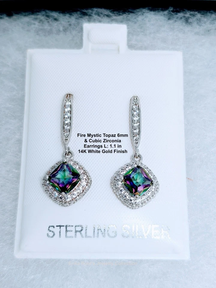 Pendientes de circonita cúbica de topacio místico fuego corte cojín de 4 quilates acabado de oro blanco de 14 quilates de 1 pulgada, plata Foto 1 de 4