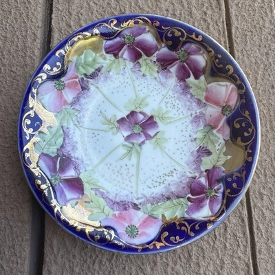 Royal Nippon Kinran Cobalt Blue Bowl – 6” – Pink & Purple Flowers – Crown Mark - Image 1 of 4