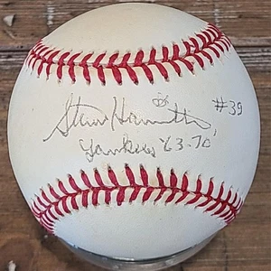 STEVE HAMILTON SIGNED OAL BROWN BASEBALL INSCRIBED YANKEES 63-70 INDIANS DEC - Picture 1 of 2