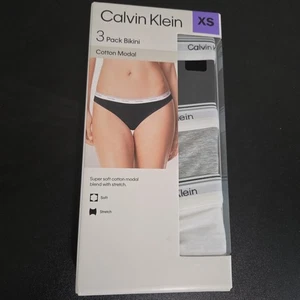 Calvin Klein Women’s Cotton Soft Stretch Bikini, 3-Pack Black/White/Gray X-Small - Picture 1 of 4
